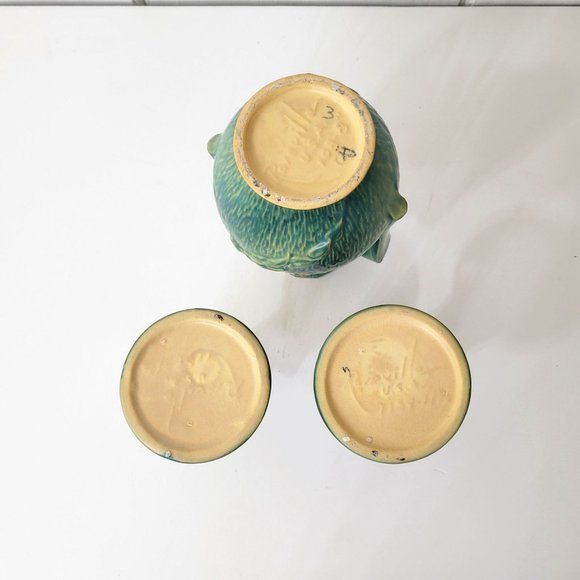 Roseville Clematis Pottery Candleholders and Vase - Picture 6 of 9